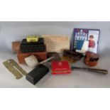 A box of interesting items to include an eastern carved box, Ronson lighter, clay pipe, pocket
