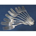 Nine various William IV and later silver fiddle pattern dessert forks, 13.5oz approx