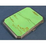 Good art deco 925 import silver cigarette case, the top fitted with a green lacquered panel with