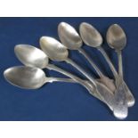 Six various William IV and later silver fiddle pattern dessert spoons, 7oz approx
