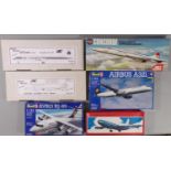 6 model aircraft kits, all 1:144 scale models of Airliners, including kits by Revell, Airfix,