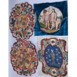 Three 19th century textile panels of oval shape, all approx 52x40cm, each with finely embroidered