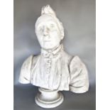 19th century plaster bust sculpture of an elderly woman, Rosa Bolton, in a ruffled collar, stepped