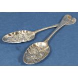 Pair of early antique silver Old English tablespoons, with later, probably Victorian floral