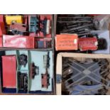 Large collection of 0 gauge Hornby rail items including boxed Good Set No 50, boxed Goods Brake Van,