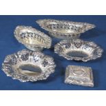 Graduated pair of silver bonbon dishes, with raised pierced sides, together with a further pair of