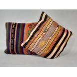 2 good quality cushions with zipped covers, cut from colourful woven kelim type cloth, in very