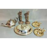 Small collection of silver plate to include a faceted panelled teapot, a pair of Sheffield plated