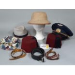 Mixed collection of vintage hats and clothes including a pith hat marked 'Airplane United Helmet MFG