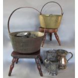A pair of footstools, two jam pans and various metal wares including pewter