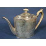 George III silver tapered oval teapot, with turned boxwood finial and handle, the teapot engraved