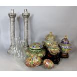 A collection of cloisonné to include four lidded pots with wooden stands, two eggs, together with