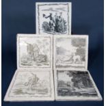 A collection of five 18th century printed tiles of Sadler & Green type, two showing scenes from