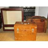 A vintage possibly ex laboratory mahogany display case with glazed front, together with two portable