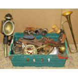 A box of miscellaneous items to include an old coach lamp, brass trumpet and horn, cased set of