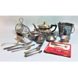 A mixed collection of silver plate to include a bachelor teapot in the Victorian manner, an ice