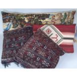 4 large cushions including woolwork cushion 70x42cm, needlepoint cushion of coastal scene with