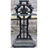 A late Victorian cast iron umbrella/stick stand with geometric and foliate detail, stamped number 1,