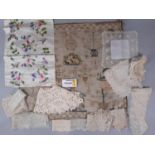 Collection of interesting 19th century textiles including hand made lacework collars, lengths of