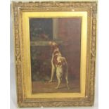 19th century British school - Study of a brown and white setter type dog confronting a cat in a