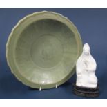 An oriental celadon glazed bowl with incised organic decoration (af) 30.5cm approx, together with an