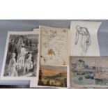 A folder containing a quantity of watercolours and drawings including landscape subjects, sepia