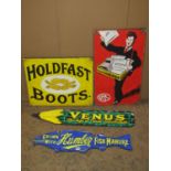 Four hand painted advertising signs in the vintage manner to include, Hold Fast Boots, WHS, Venus