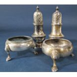 Pair of late Victorian Georgian style silver salts on cabriole feet, maker GF, London 1897, together