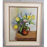 By Pen Willis (20th century) - Still life of flowers in a jug, signed, oil on board, 50 x 40cm,