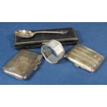 Mixed collection of silver comprising two cigarette cases, a napkin ring and a teaspoon, 5oz approx