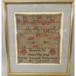 19th century needlework sampler by Sarah Cawood aged seven years, 1839, 29 x 25cm approx, framed