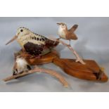 Carved wooden figure of a woodcock and chick, signed Gilpin to base, together with, by the same