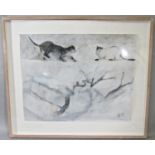 Late 20th century school - Study of two cats on a wall, mixed media on paper, signed monogram SH and