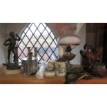 Mixed lot to include a pewter biscuit jar mounted by a cast seated monkey, a bronzed spelter