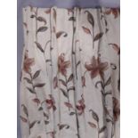 One pair heavyweight curtains in woven fabric on ivory ground, with double pleat heading, lined
