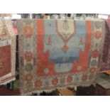 Large Turkish Caucasian country house carpet with typical block pastel decoration, 385 x 245cm