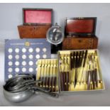 Collection of interesting items to include a graduated set of pewter pans, a parquetry and walnut