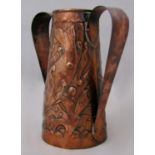 Obed Nicholls (1885-1962) - Newlyn school twin handled copper vase, embossed with fish with