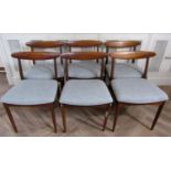 Set of six 1960s teak bow back dining chairs with grey tweed upholstered seats, 75cm high x 50cm