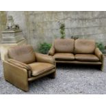 De Sede DS 61 olive green leather sofa and chair with open stitch work and drop-in cushions, the