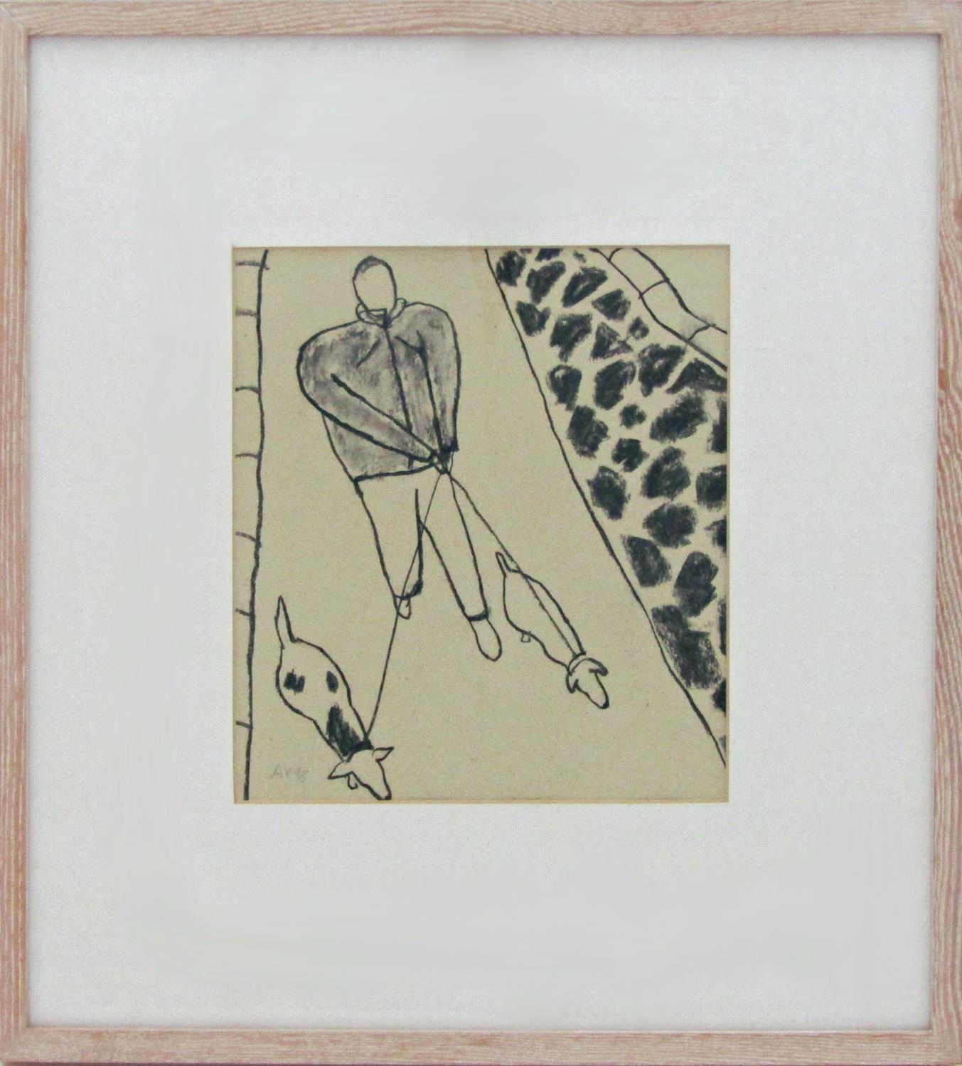 20th century school - Study of a figure walking two dogs, monogrammed AV and dated 98, work in - Image 2 of 4