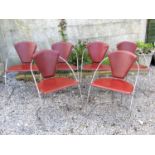 Set of six Italian designer dining chairs with tubular chrome frame and ox-blood leather backs and