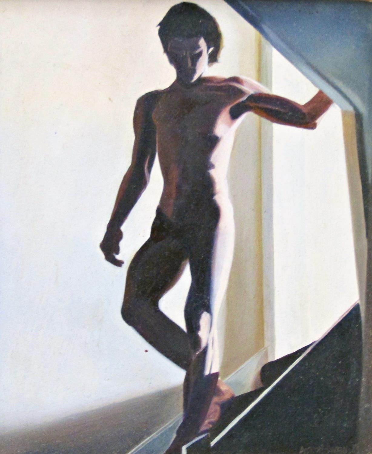 Diccon Swan (born 1947) - Nude figure on the staircase, signed and dated 89, oil on board, 14.5 x
