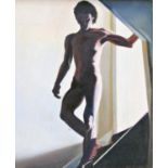 Diccon Swan (born 1947) - Nude figure on the staircase, signed and dated 89, oil on board, 14.5 x