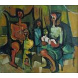 Douglas Pittuck (1911-1993) - 'The Family', Judy Hines of Holt gallery receipt verso, oil on