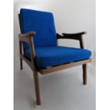 Danish style teak lounge chair with blue upholstery 73 cm high x 60 cm wide (webbing af)