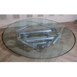 Possibly Italian chrome glass top coffee table of circular form with thick heavy glass plate top,