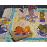 Felicity House (B.1950) - 'Oranges on the Tablecloth', signed, Felicity House artists label verso,