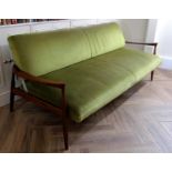 I B Koford Larsen for G-Plan - teak framed day bed with green upholstery and swept arms, 205cm long