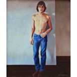 Diccon Swan (born 1947) - Shirtless standing man in jeans, signed and dated 85, oil on board, 14.5 x